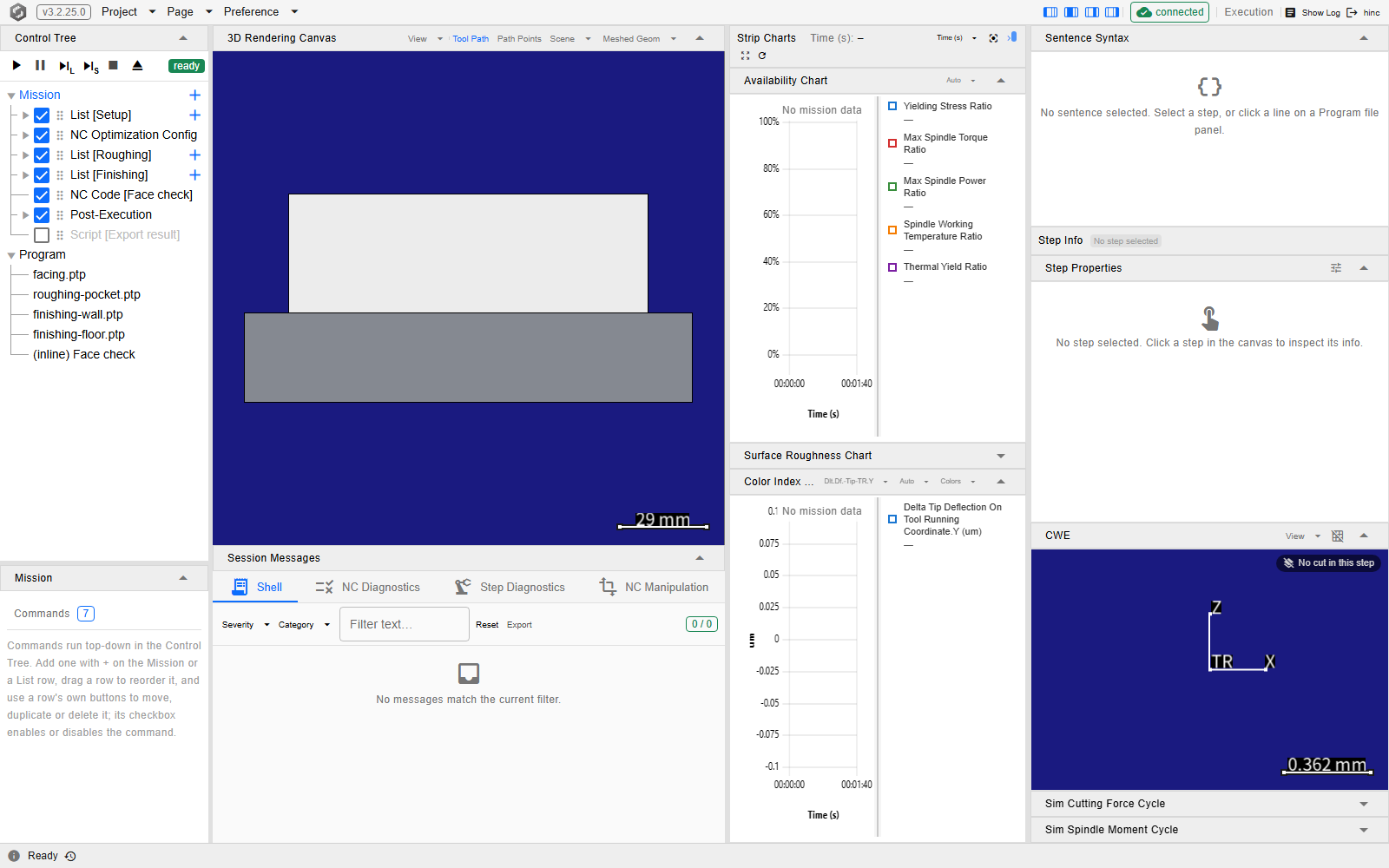 The Execution page inside the application frame: a menu bar carrying a version badge and the Project, Page and Preference menus, a Control Tree dock and transport buttons down the left, the 3D Rendering Canvas above the Session Messages tabs in the centre, strip charts and step panels on the right, and a one-line footer reading Ready