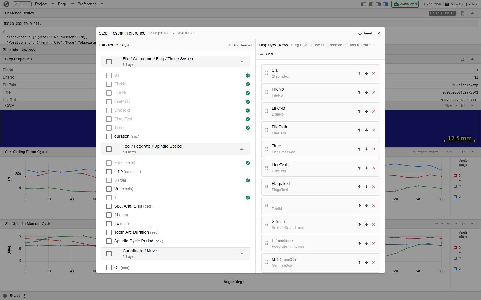 The Step Present Preference dialog open over the Step Info column: a header reading 12 displayed / 77 available with Reset and close buttons, a Candidate Keys panel on the left with an Add Selected button and the first three of its categories open — File / Command / Flag / Time / System with 8 keys, Tool / Feedrate / Spindle Speed with 10 keys, and Coordinate / Move with 3 keys, the third cut off at the panel's bottom edge after its CL row with the remaining categories scrolled out of view below — where the rows already displayed are greyed with a green tick, and a Displayed Keys panel on the right with a Clear action and a reorder hint, listing the first eleven of the twelve chosen properties, S.I. down to MRR, with the last row scrolled out of view below the panel's edge; each row has a drag handle and up, down and remove buttons