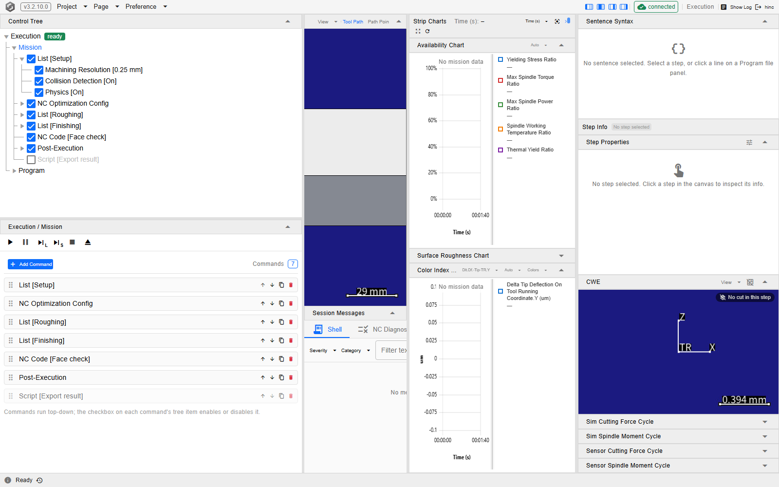 The Mission branch of the Control Tree with List Setup expanded over Machining Resolution 0.25 mm, Collision Detection On and Physics On, then NC Optimization Config, List Roughing, List Finishing, NC Code Face check, Post-Execution and a greyed Script Export result row with its checkbox cleared; below it the list editor shows the same seven entries, each with up, down, duplicate and delete buttons, above the line reading that commands run top-down