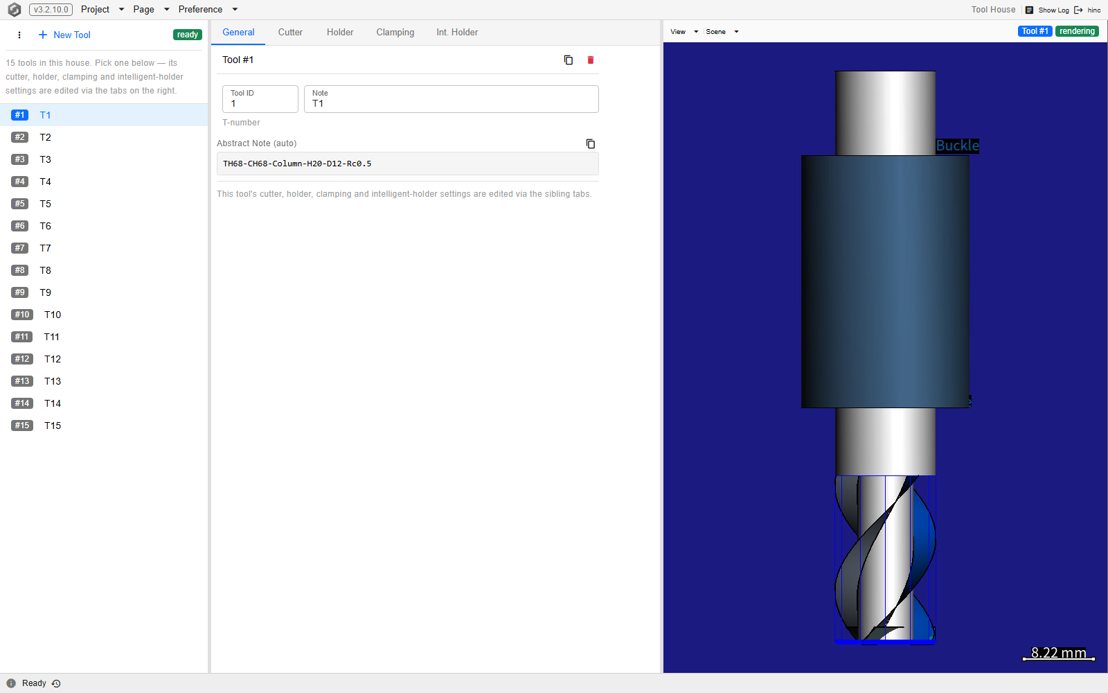 The General tab of the Tool House page with tool 1 selected out of fifteen, showing the Tool ID and Note fields above a read-only Abstract Note describing the cutter, and the cutter drawn on the canvas at the right