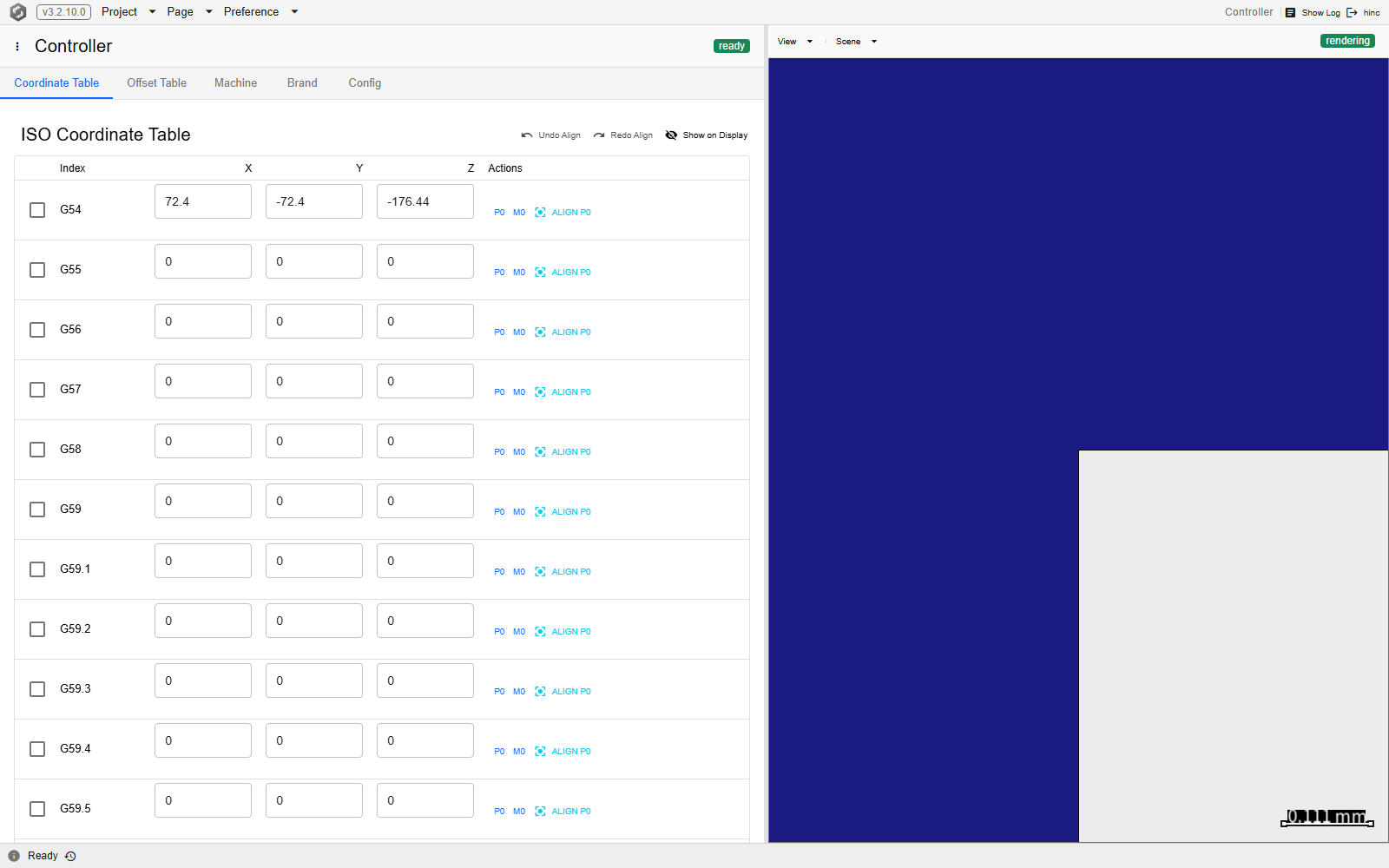 The Legacy Controller screen's Coordinate Table tab: an ISO Coordinate Table with Undo Align, Redo Align and Show on Display in its header, and rows G54 through G59.5 each carrying X, Y and Z fields and an Actions column with P0, M0 and ALIGN P0